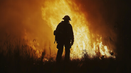 Obraz premium Silhouette of a firefighter against a blazing wildfire, emergency response concept