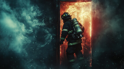 Fototapeta premium Firefighter kicking door, dramatic dark cinematic moment, Firefighter against fire