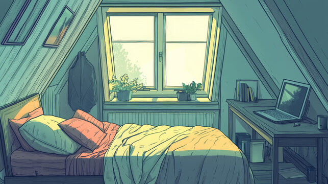 Attic bedroom interior furniture and equipment. Cartoon vector illustration set of items for sleep, study and work in mansarda room - tilted window, bed with pillow and blanket, desk with laptop.