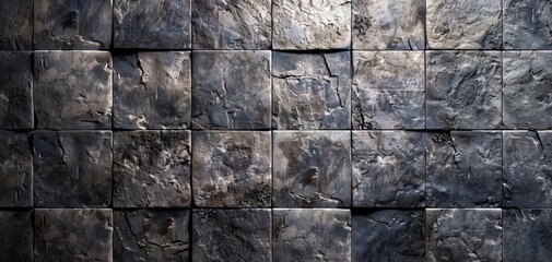 Fototapeta premium Close-up of gray stone tile wall texture with geometric pattern and natural marble or granite surface