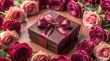 A maroon gift box with a satin ribbon surrounded by pink and burgundy roses