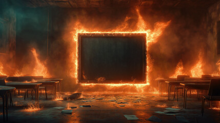 A surreal classroom scene with a blank blackboard displayed at the center. with flames rising around the edges of the blackboard, Desks and chairs in the classroom are starting to smolder