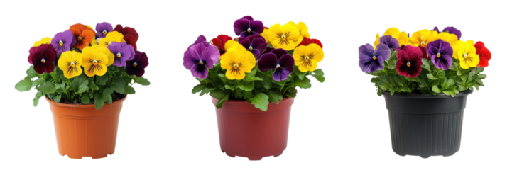 A Set of Compact Plastic Pots with Brightly Colored Pansies for Garden Display Isolated on Transparent Background