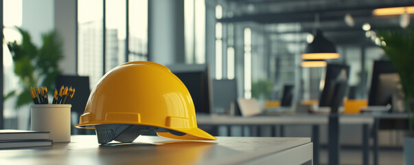 yellow safety helmet rests on desk in modern office workspace, surrounded by plants and office supplies, creating productive atmosphere