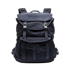 Naklejka premium A dark grey or black backpack suitable for travel or everyday use is shown against a black background.