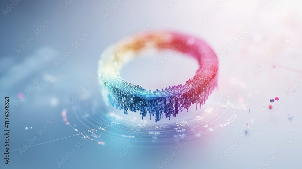 Poster a colorful d donut chart floating on a clean background, with different data segments separated and 