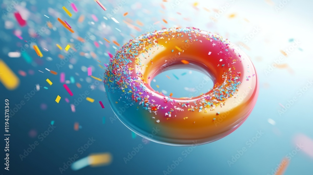 Poster a colorful d donut chart floating on a clean background, with different data segments separated and 