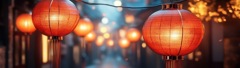 ** Vibrant Red Lanterns Illuminating a Traditional Asian Street at Night with a Soft Focus Background..**