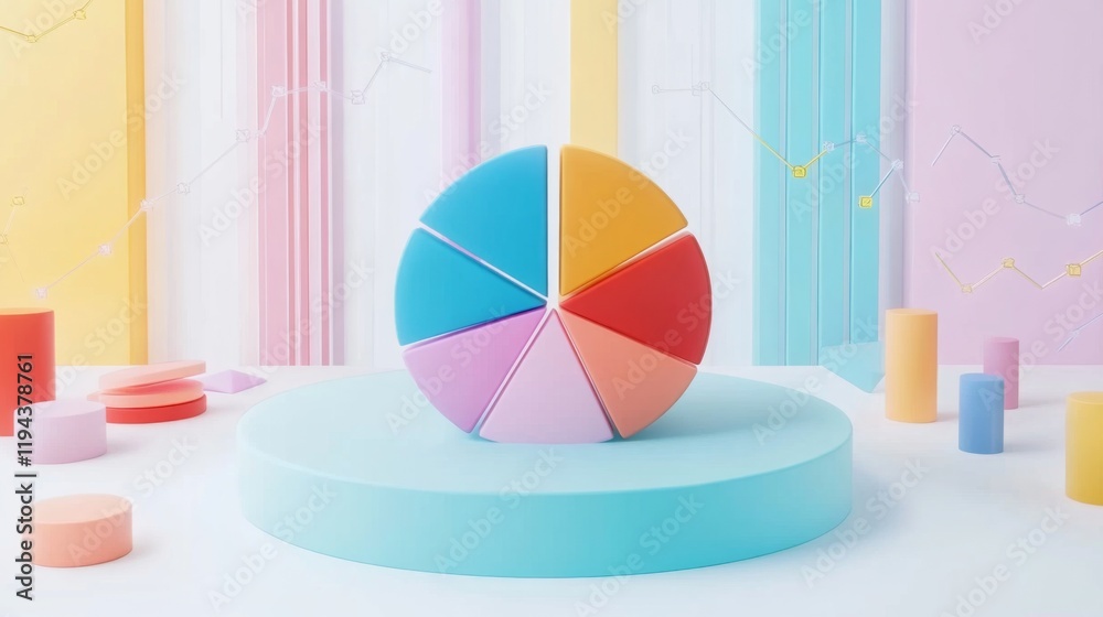Poster a dynamic d pie chart with segments in various bright colors, each section floating slightly above a