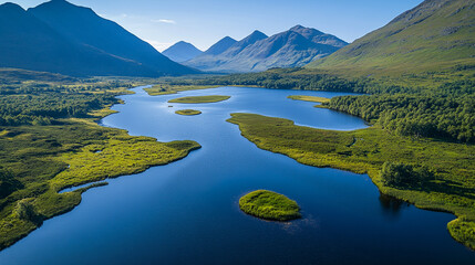 Fototapeta premium Stunning aerial view of a serene lake surrounded by mountains in a lush green landscape