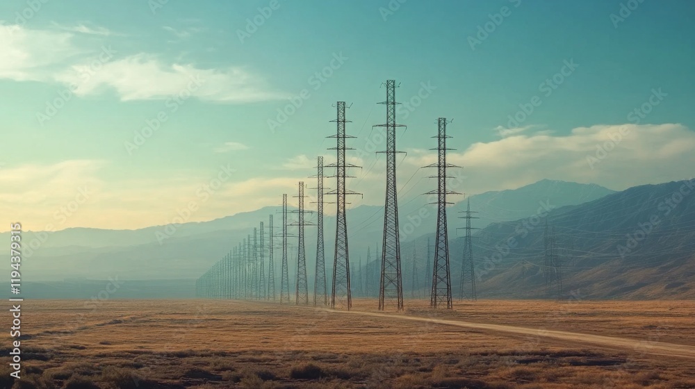 Aufkleber A high-resolution shot of multiple electricity transmission towers lined up in a row, emphasizing their scale and the extensive network of power lines.