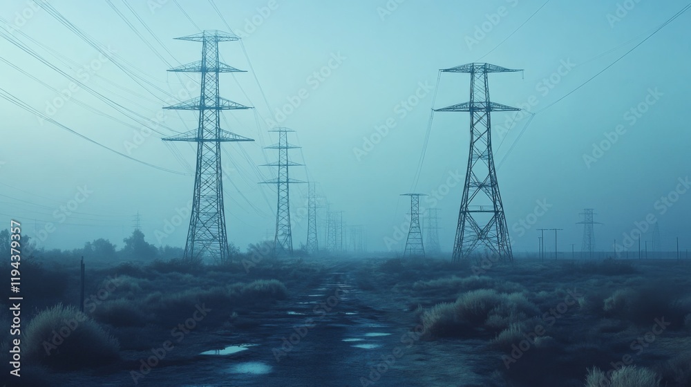 Aufkleber A high-resolution shot of multiple electricity transmission towers lined up in a row, emphasizing their scale and the extensive network of power lines.