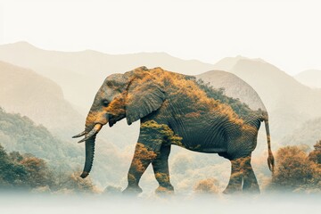 Fototapeta premium Double Exposure of Elephant Silhouette with Autumn Forest and Misty Mountain Landscape in Background
