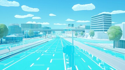 Obraz premium A stylized cityscape with roads, buildings, and trees in blue tones.
