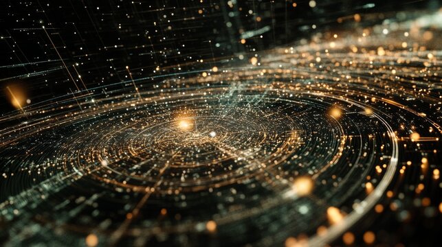 A highly detailed D scatter plot with data points hovering in space, connected by lines, symbolizing the intersection of technology and data analysis.