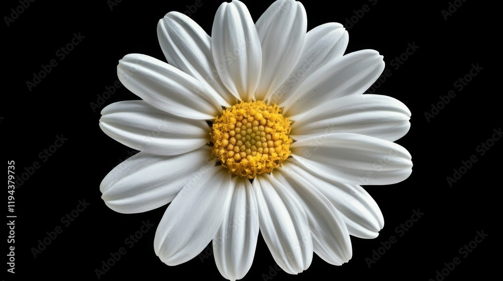 Poster a macro view of a daisy with crisp white petals and a bright yellow center, capturing the simplicity