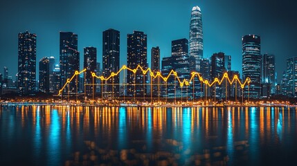 Obraz premium Night city skyline, financial graph, water reflection, economic growth
