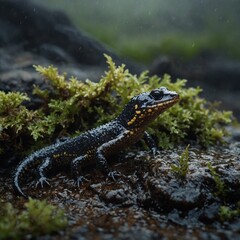 Fototapeta premium Photograph a salamander crawling through damp terrain.