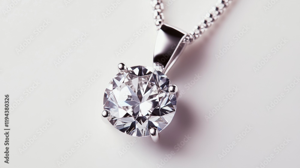 Poster a top-down view of an elegant diamond pendant on a white background, the clear gemstone shimmering a