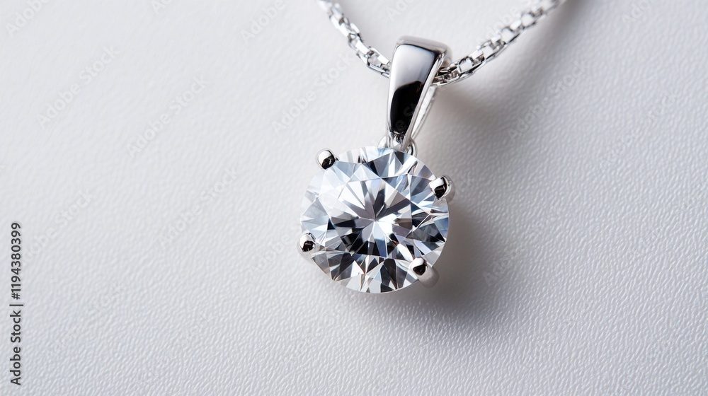 Poster a top-down view of an elegant diamond pendant on a white background, the clear gemstone shimmering a