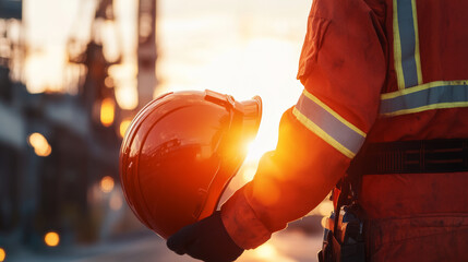 technician confidently holds helmet while standing in sunset, showcasing strong presence in work environment. warm light enhances scene emotional impact
