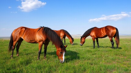 Obraz premium Horses Grazing in Sunny Field