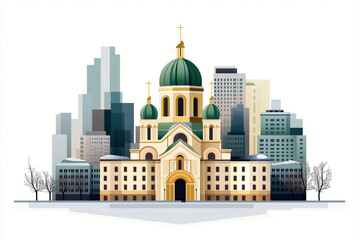 winter cityscape of Kyiv, Ukraine, with the iconic St. Sophia's Cathedral at the center.