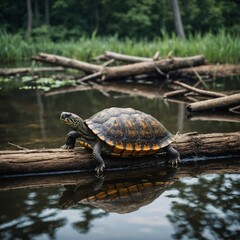 Obraz premium Highlight a turtle basking on a log in a pond.
