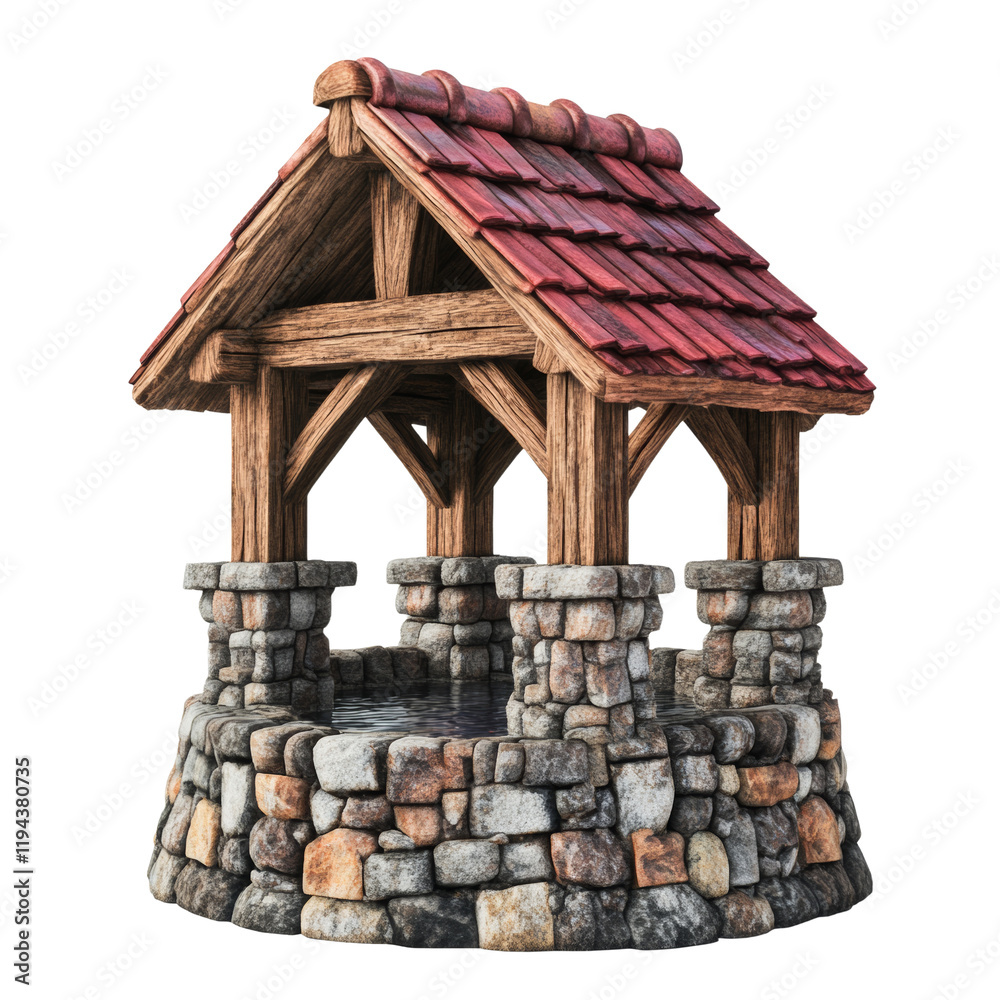 Poster a 3d rendered image of a quaint stone well with a red tiled roof and wooden supports.