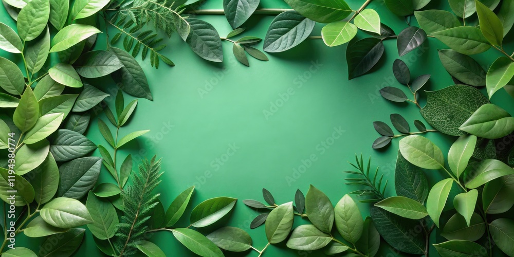 Poster lush greenery frame vibrant green leaves arranged in a circular border on a solid background for eco