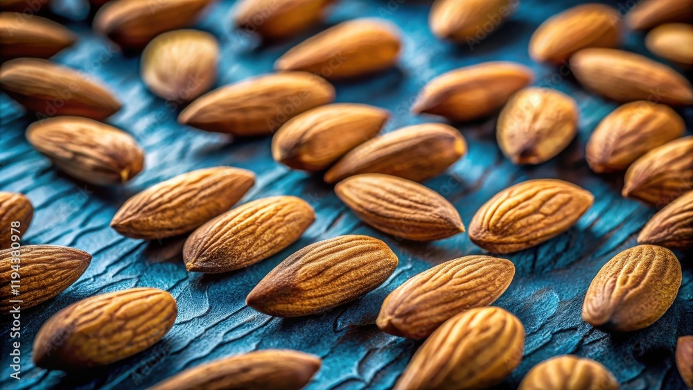 Poster close-up view of roasted almonds arranged on a textured blue surface