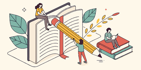 Ai generates engaging learning scenes people interacting with books and pencils in a creative environment