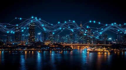 Fototapeta premium Night cityscape, digital network overlay, river reflection, urban development, tech illustration