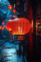 Traditional Red Lanterns Illuminating a Narrow Alleyway in an Atmospheric Night Scene