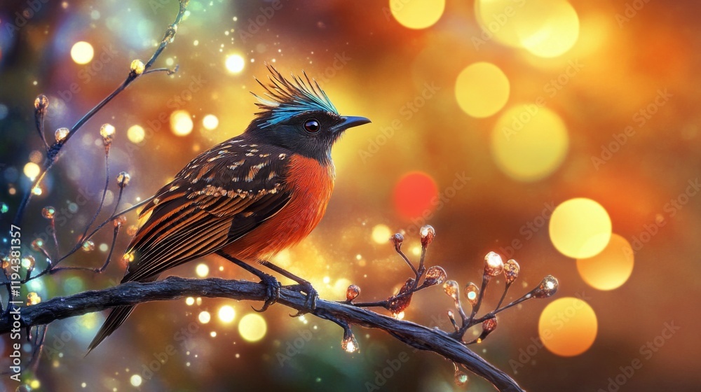 Poster Close-up of an elegant bird with striking feathers, perched on a branch, with a dazzling background of abstract lights creating a vibrant and artistic effect.