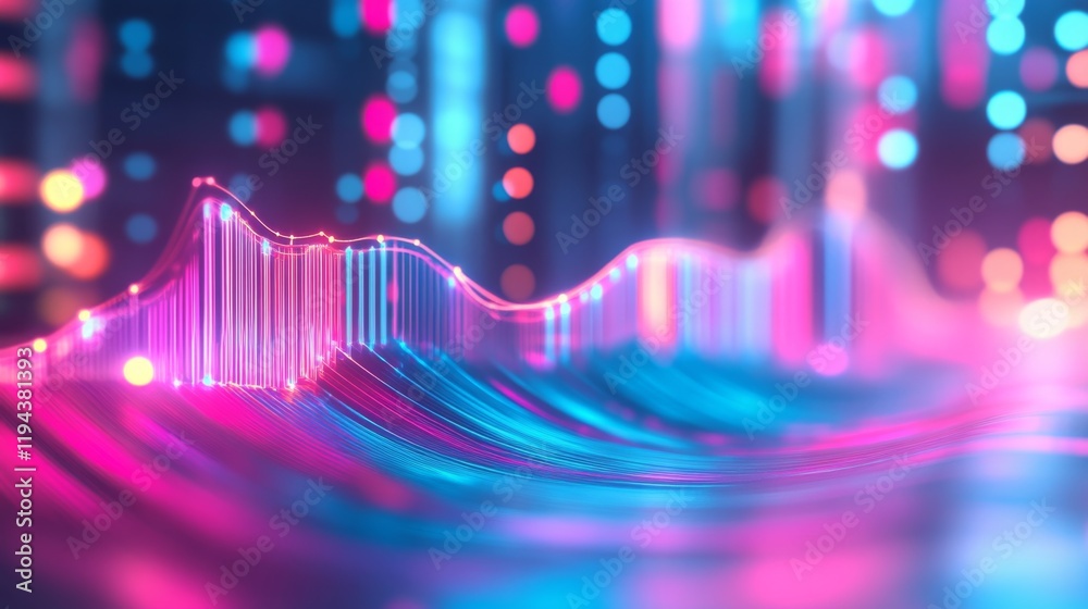 Aufkleber Close-up of a D line graph with rising curves, each axis highlighted in neon colors, representing trends and market data visualization in a high-tech style.