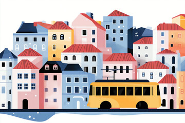Fototapeta premium flat vector-style winter cityscape of Lisbon, Portugal, showing buildings in pastel pink, blue, and yellow with minimal window and door, A classic yellow tram moves along the street