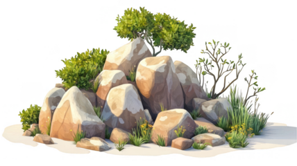 Rocky landscape with trees and plants in cartoon style