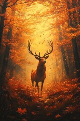 Majestic Stag Standing in Enchanting Autumn Forest with Golden Leaves and Sunlight