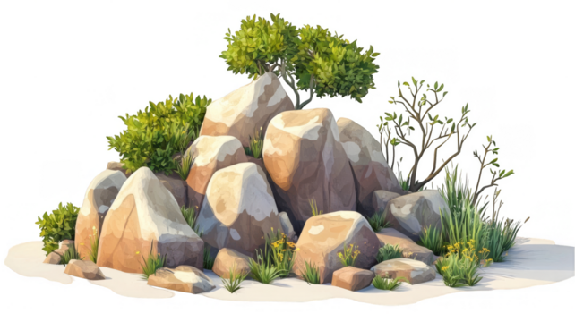 Rocky landscape with trees and plants in cartoon style