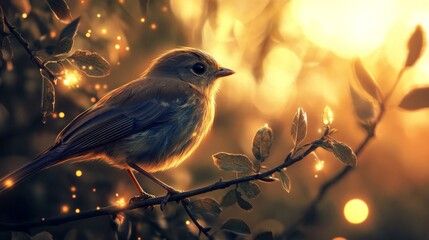 Obraz premium Close-up of a bird with detailed feather patterns, perched on a branch, with a background of softly glowing lights adding depth and a magical feel to the scene.