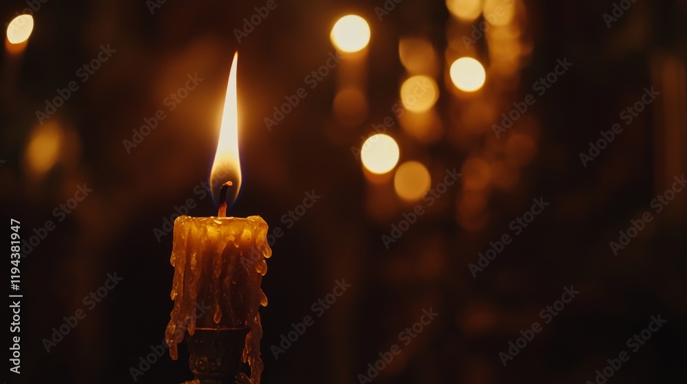 Poster close-up of a candle flame flickering softly in the dark, casting a warm, golden glow and creating a