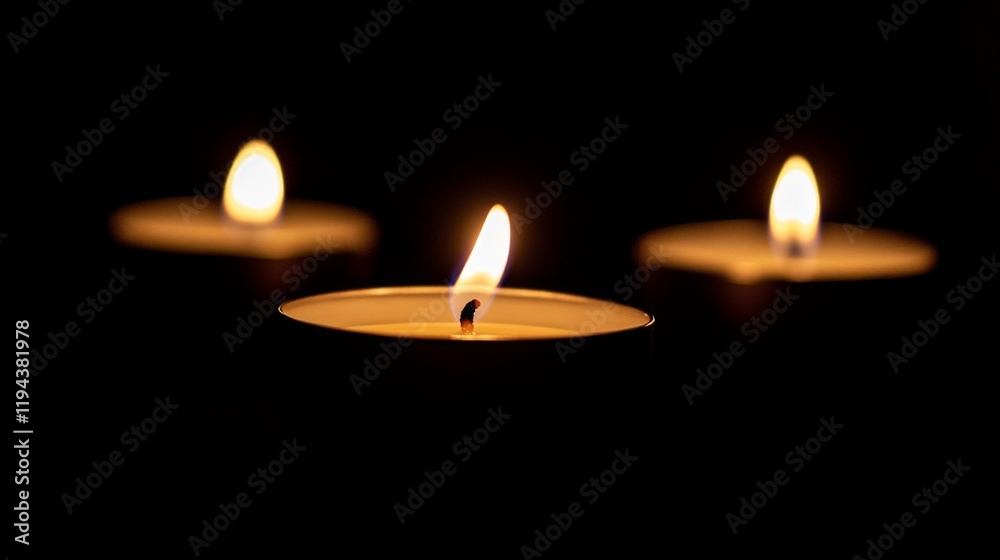 Poster close-up of a candle flame flickering softly in the dark, casting a warm, golden glow and creating a