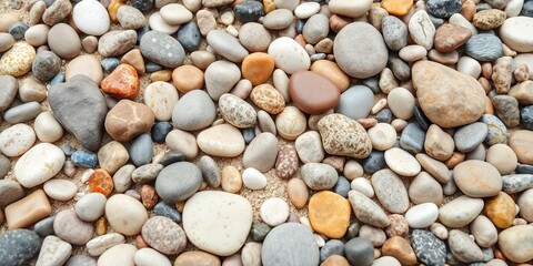 Close up of colorful sea pebbles on the shoreline, with varying shapes, sizes, and textures, rocks, shapes