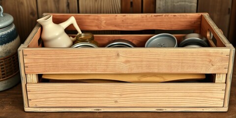 A weathered rustic wooden crate with a distressed finish, ideal for storing and organizing household items or adding a touch of charm to any space, farmhouse style, wooden crate, rustic
