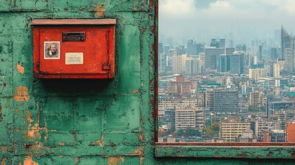 Urban Vista Through a Weathered Frame: A Red Mailbox and Cityscape