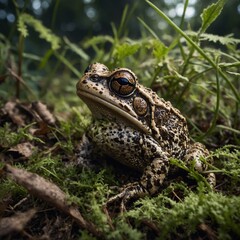 Obraz premium Focus on a toad camouflaged in the undergrowth.
