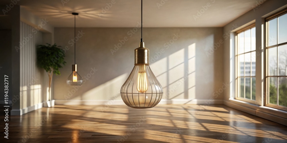 Poster sunlight streams through windows illuminating a minimalist interior with hanging pendant lights