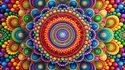 Vibrant Circular Abstract Artwork Featuring Multicolored Beads and Ornate Designs