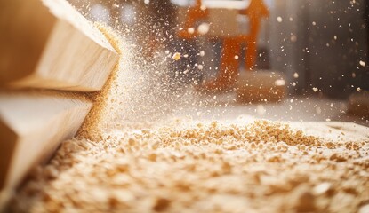 Wood sawdust flying from cutting lumber.